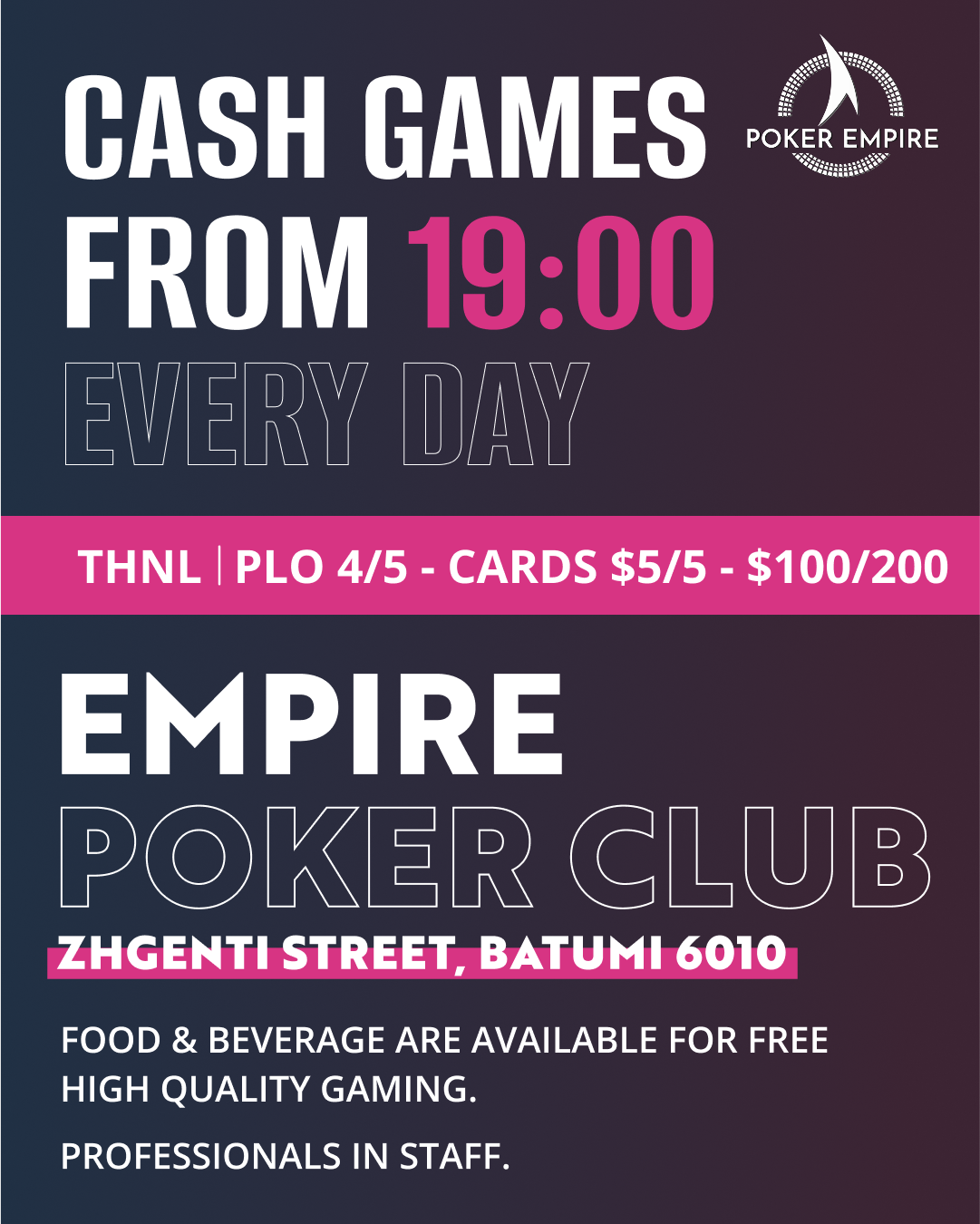 Empire Poker Club | Batumi, Every night NLTH/PLO(4/5 cards) | $5/5 - $100/200